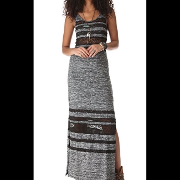 FREE PEOPLE Hazy Days Maxi Dress Black Gray Space Dye Marled Knit Lace Inset - Picture 4 of 12